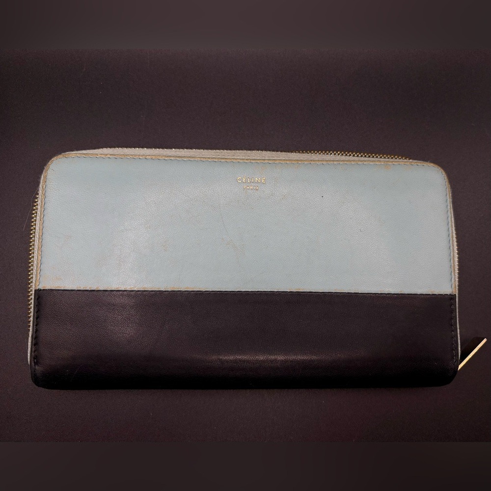 Celine Bi-color Large Zipped Multifunction Leather Wallet Glacier Blue Black